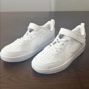 Nike Kids All-White Athletic Court Sneakers with Hook-and-Loop Strap